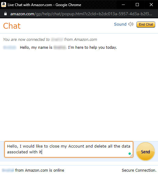 how to delete amazon account via live chat step 4